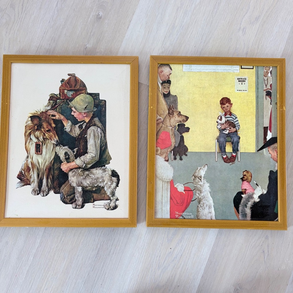 Vintage Norman Rockwell Framed Canvas Prints Set of 2 Dogs The Vet The Runaway